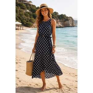 Tommy Hilfiger Navy‎ Blue White Geometric Circle Print Belted Midi Dress NWT